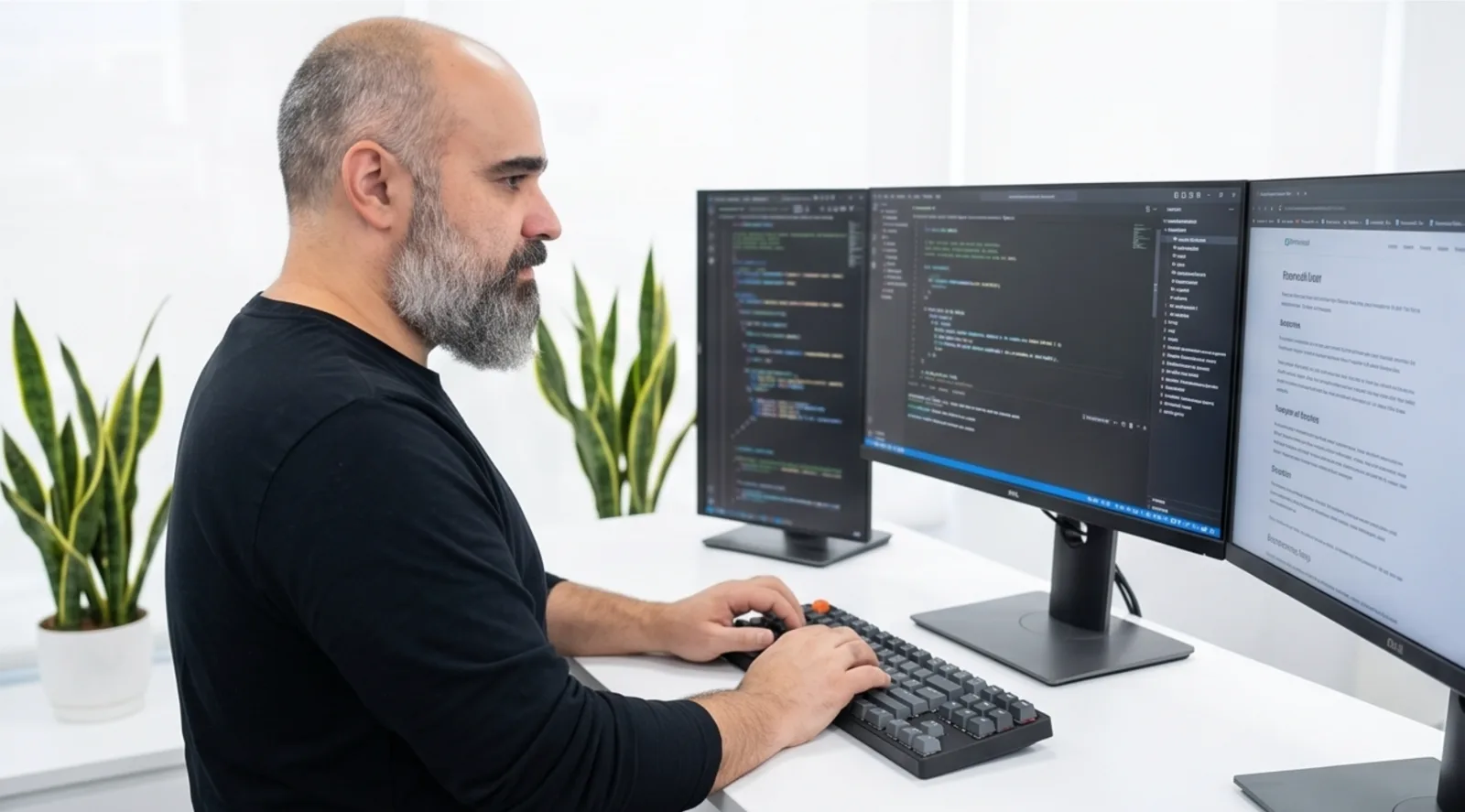 Danilo Bomfim, fundador da Maestria, programando em frente a monitores de código